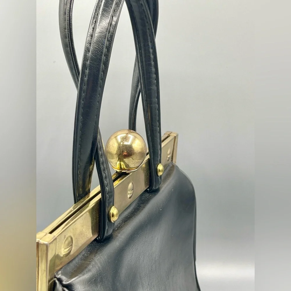 Vintage 1960s Faux Leather Handbag, Black, Ball Clasp, Framed, Art Deco